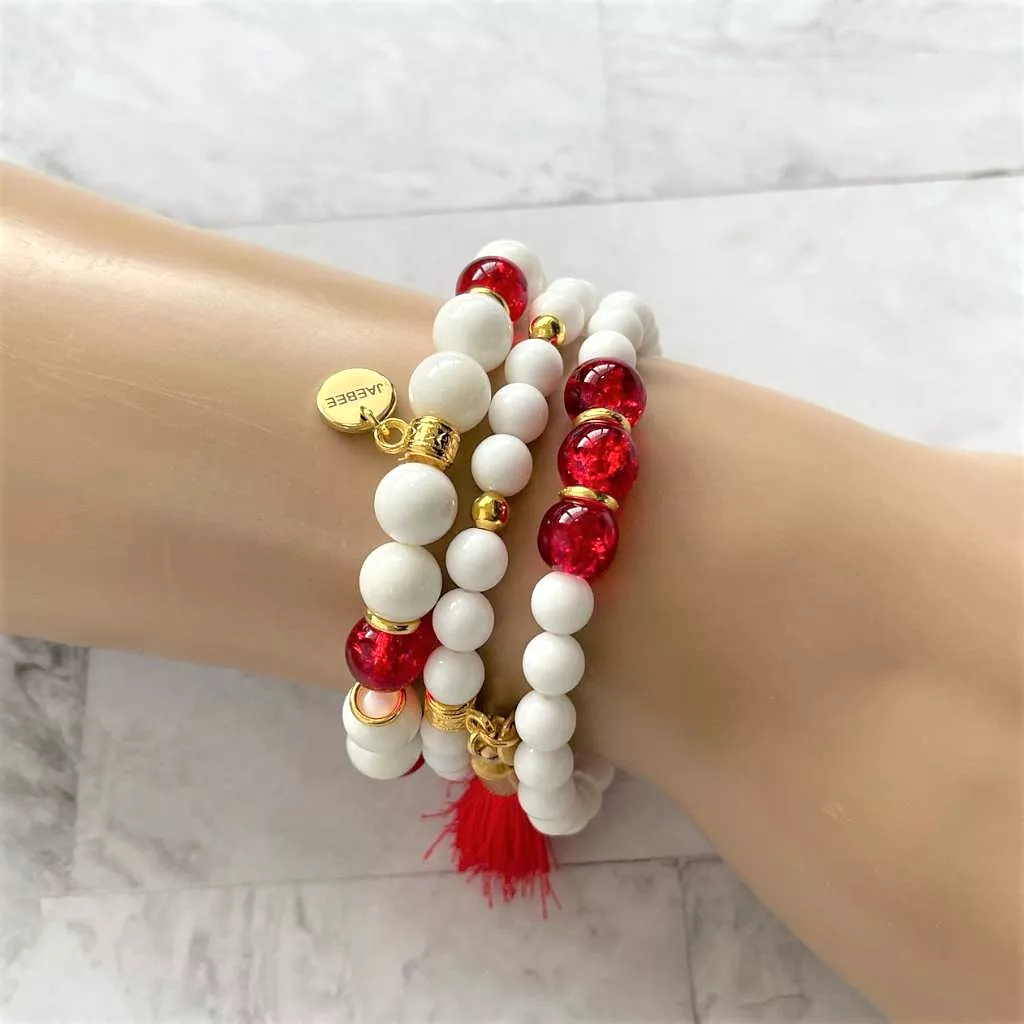 White and Red Beaded Bracelet