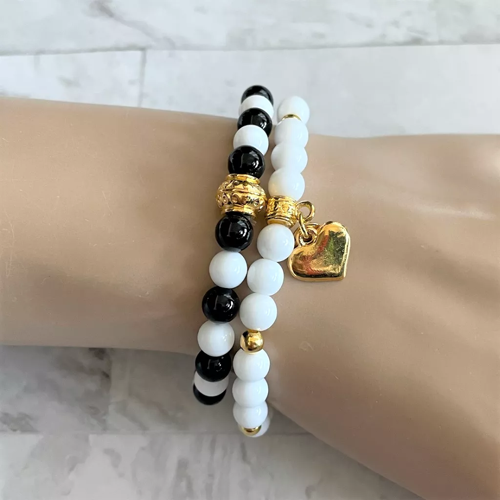 White Czech and Gold Heart Beaded Bracelet