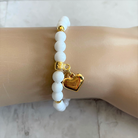 White Czech and Gold Heart Beaded Bracelet