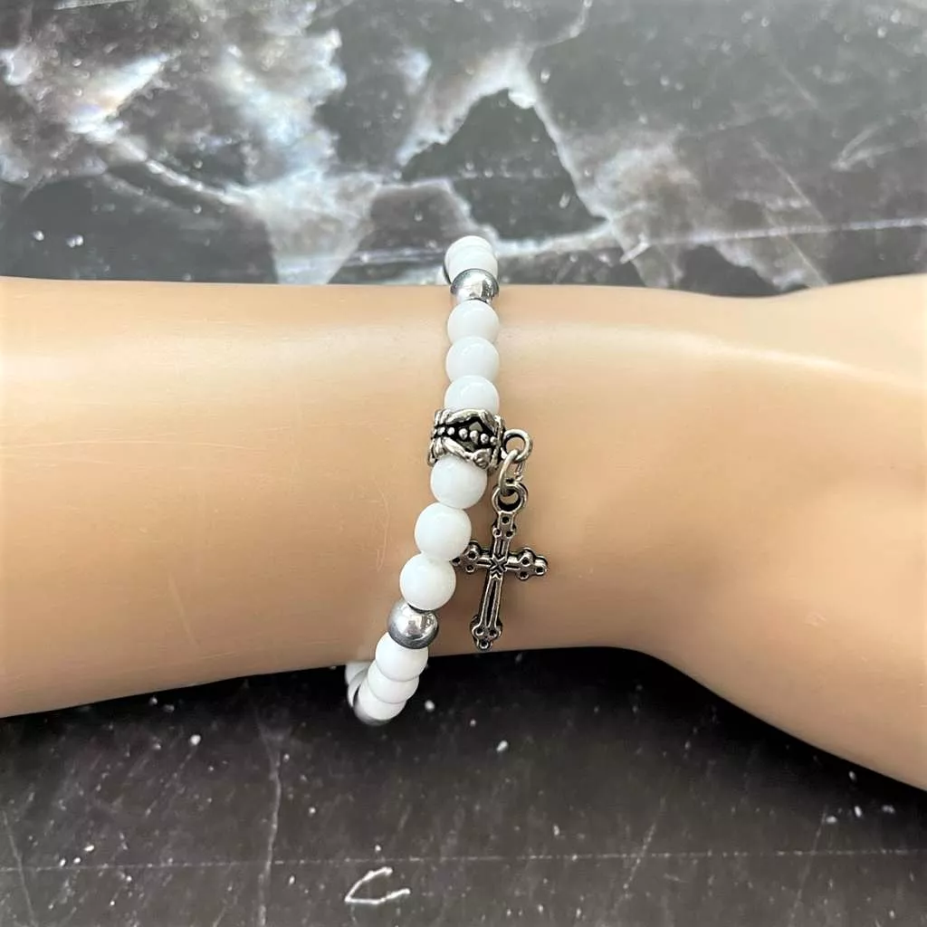 White Czech and Silver Cross Beaded Bracelet