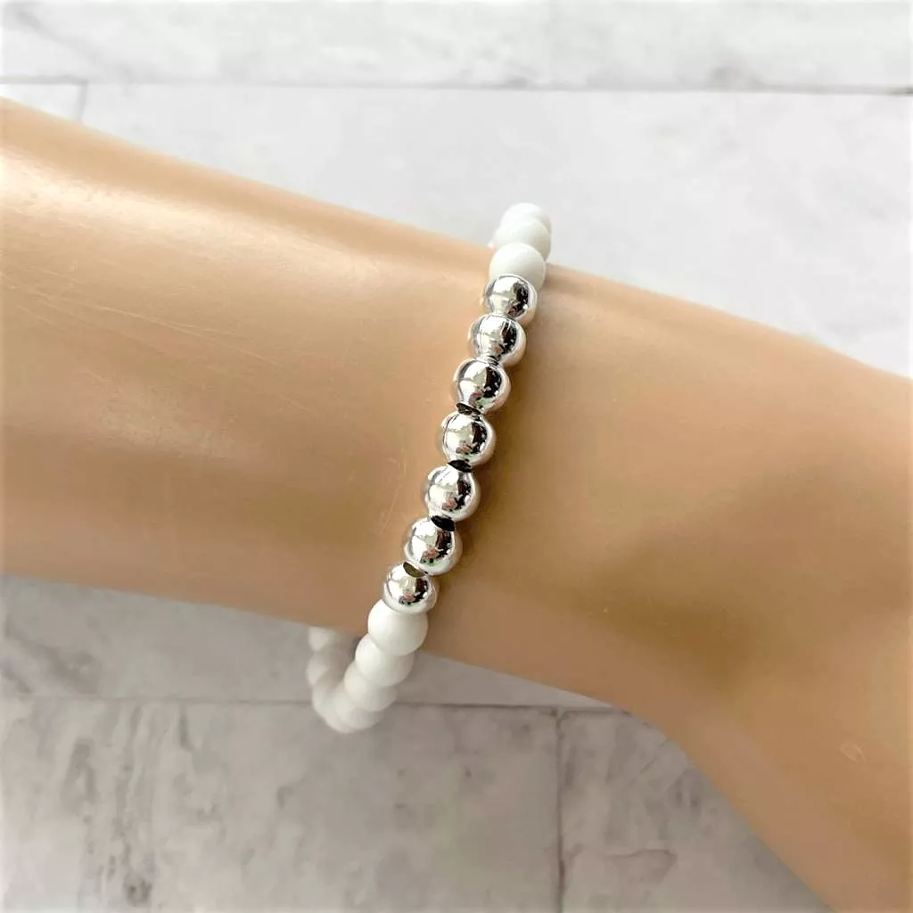 White Czech and Silver Round Beaded Bracelet