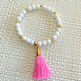 White Czech Glass Beaded Bracelet with Pink Tassel