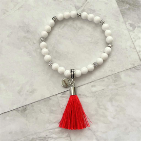 White Czech Glass Beaded Bracelet with Red Tassel