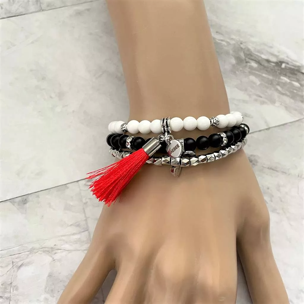 White Czech Glass Beaded Bracelet with Red Tassel