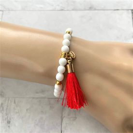 White Czech with Red Tassel and Gold Beaded Bracelet