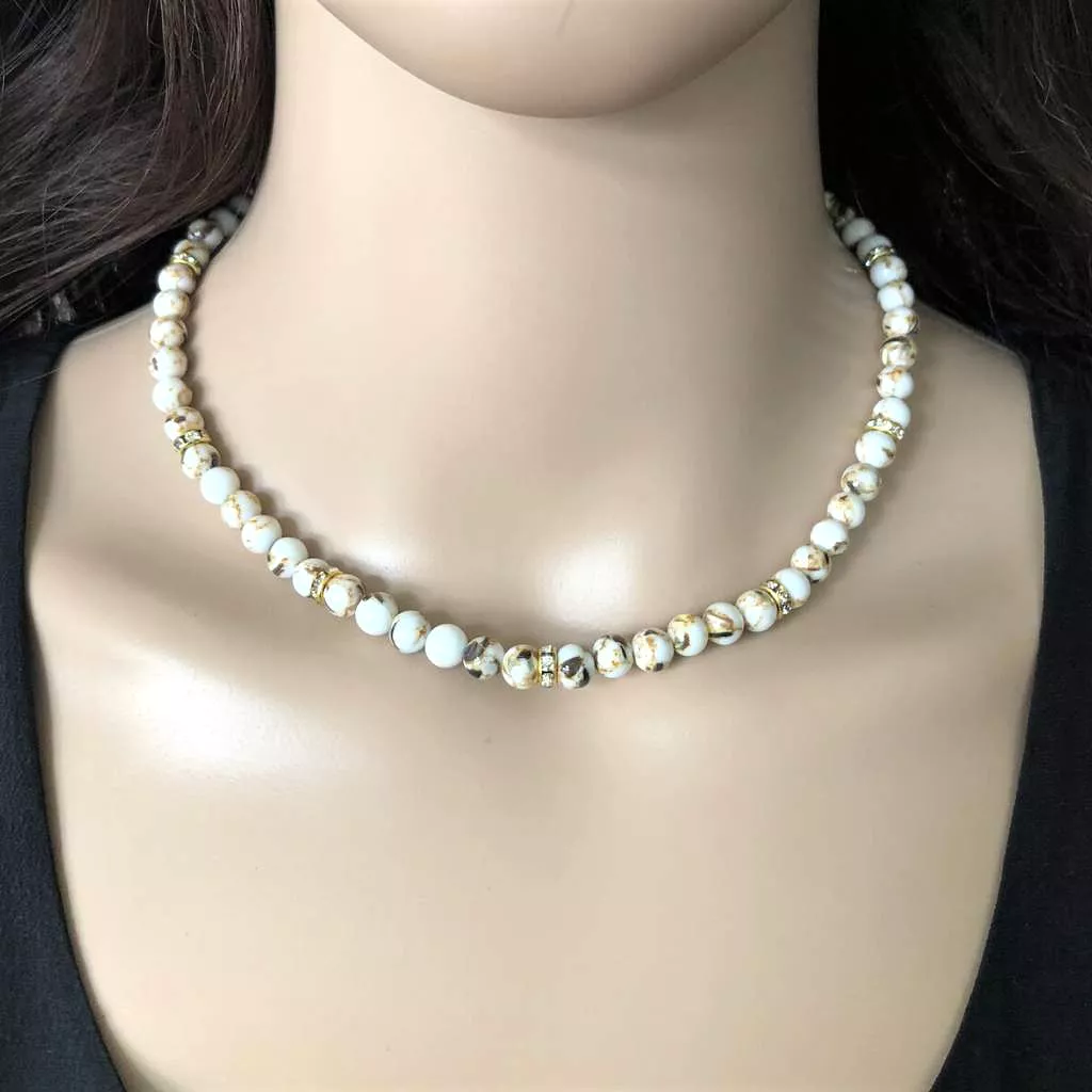 White Mosaic Shell and Rhinestone Necklace