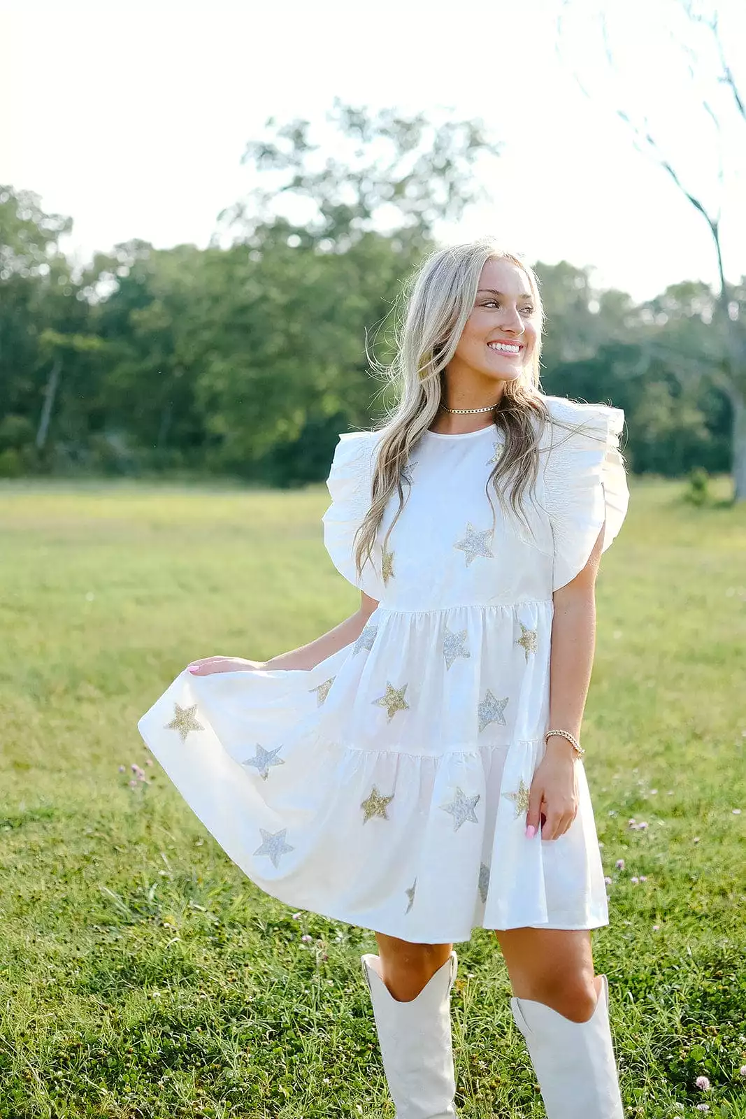 White Sequin Star Patch Dress