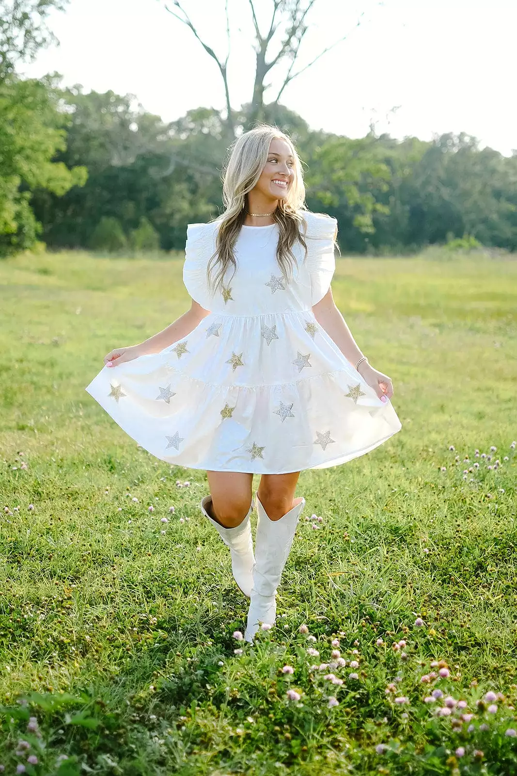 White Sequin Star Patch Dress