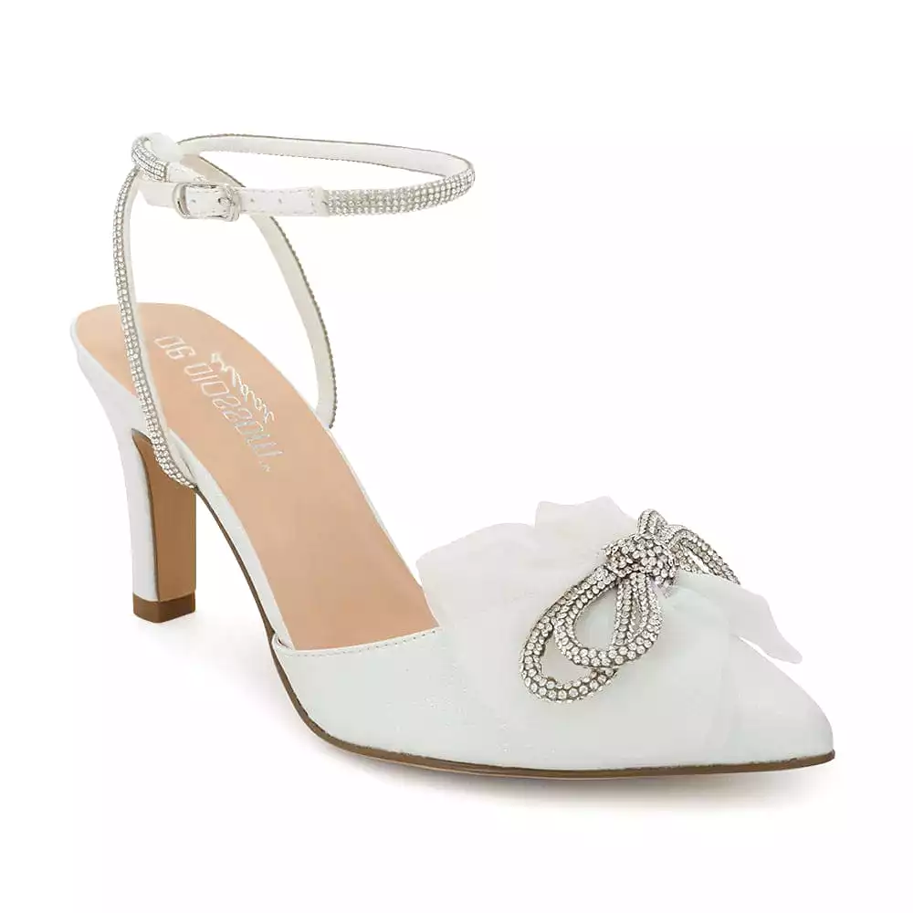 White Shimmer Bow Rhinestone Heels