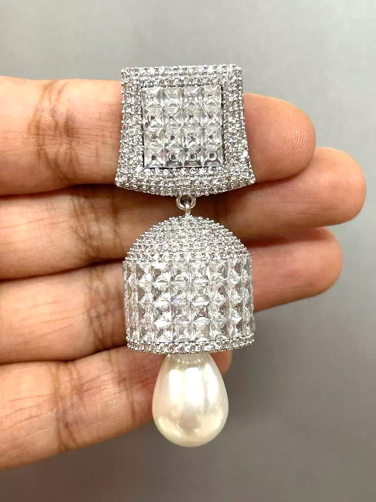 White stone studded Diamond Invisible stone  Setting Jumka for Women-SANDY001IJW