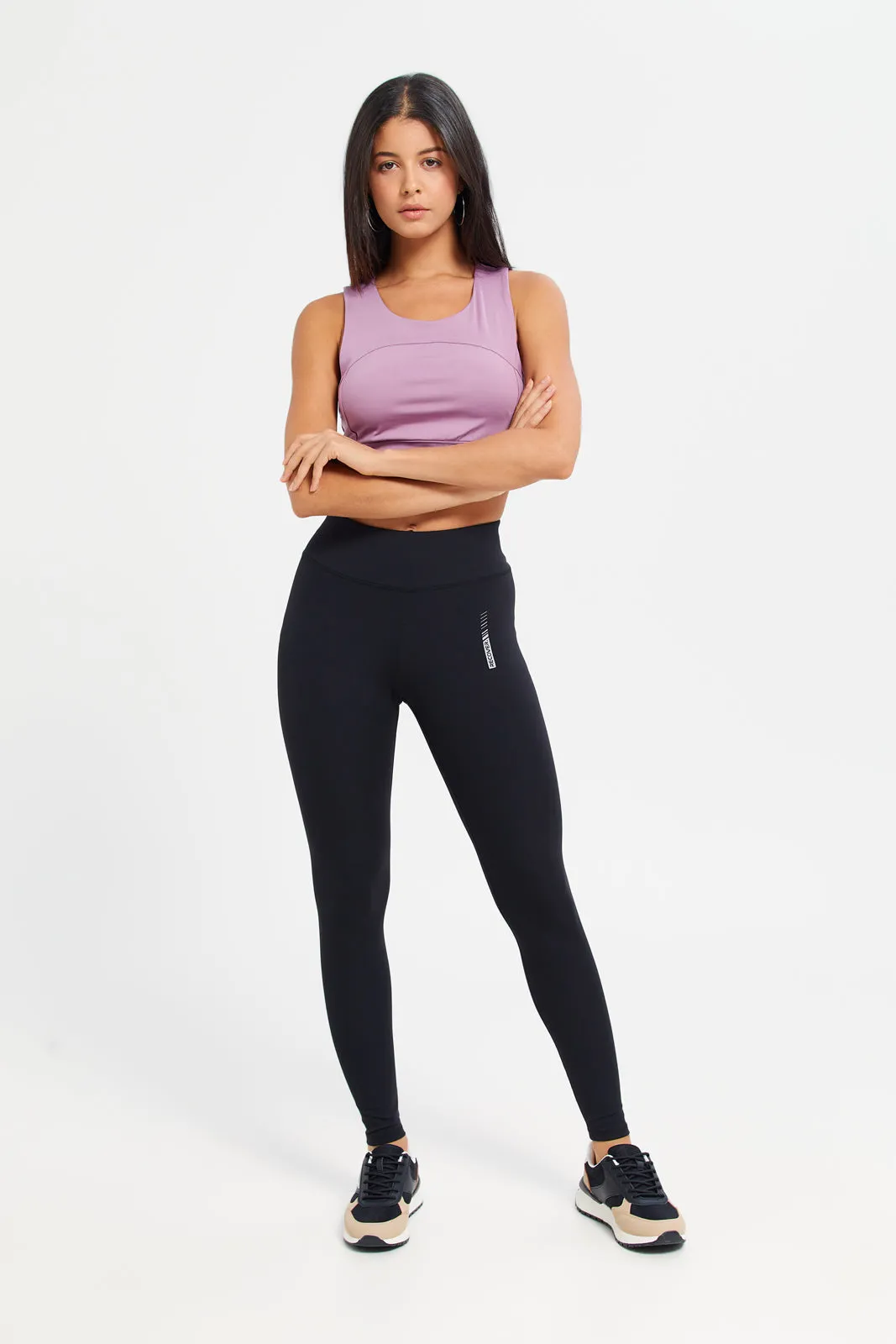 Women Black Performance Pants With Placement Print