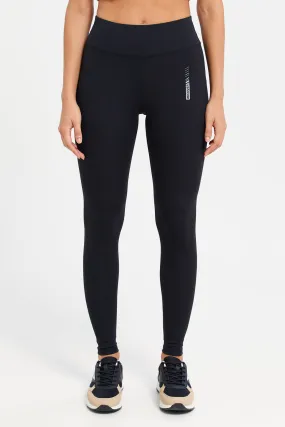 Women Black Performance Pants With Placement Print