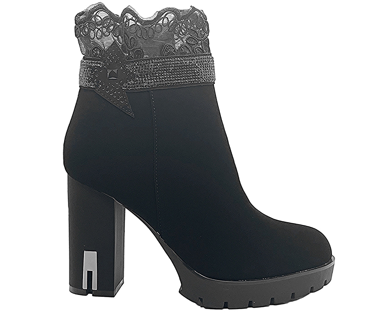 Women's Block High Heels Ankle Boots Net Black