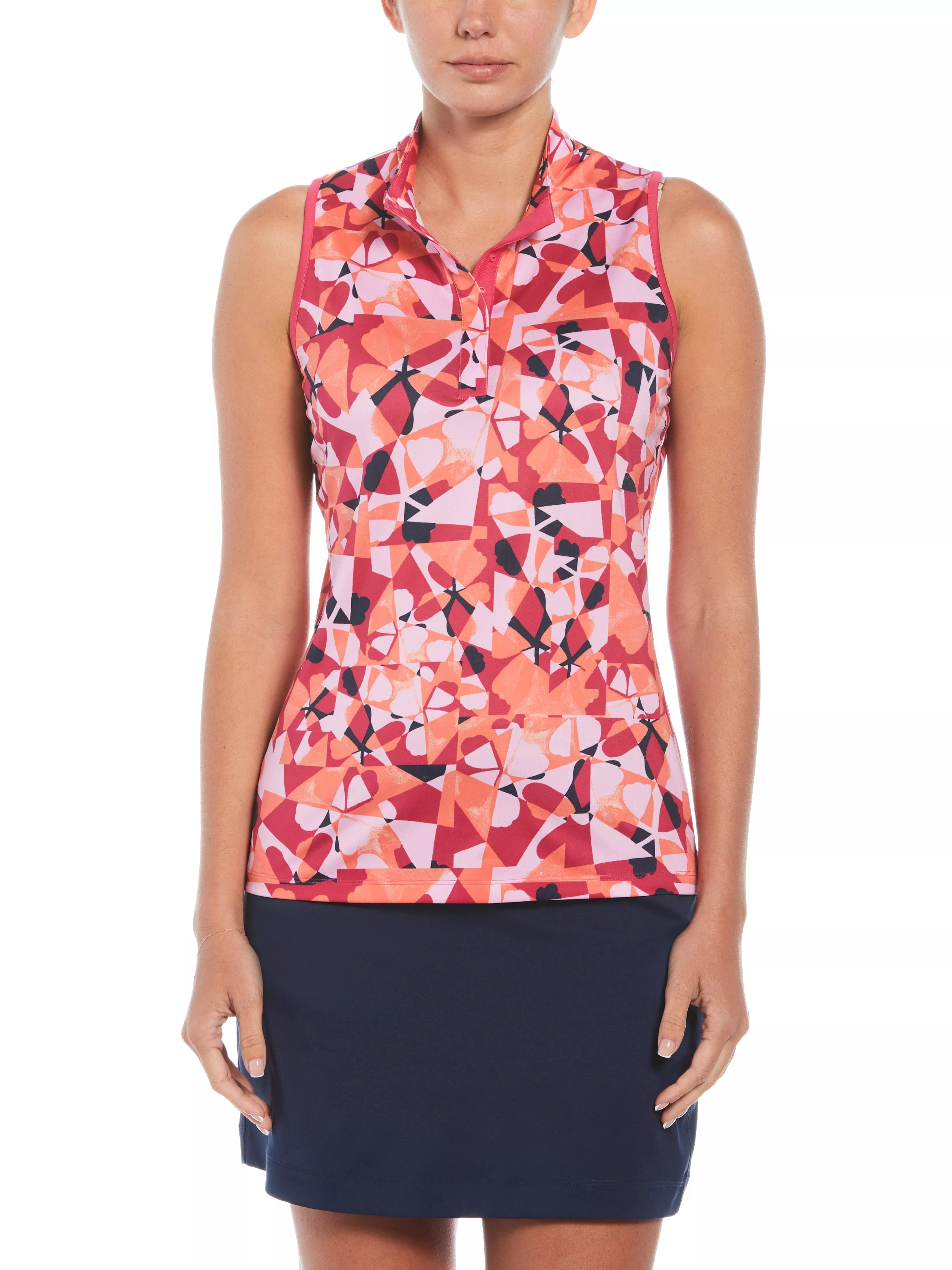 Womens Geometric Floral Print Golf Shirt with Snap Placket