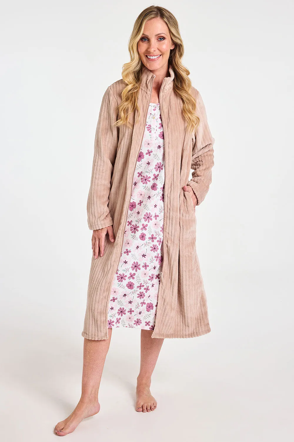 Zip Through Ribbed Fleece Robe